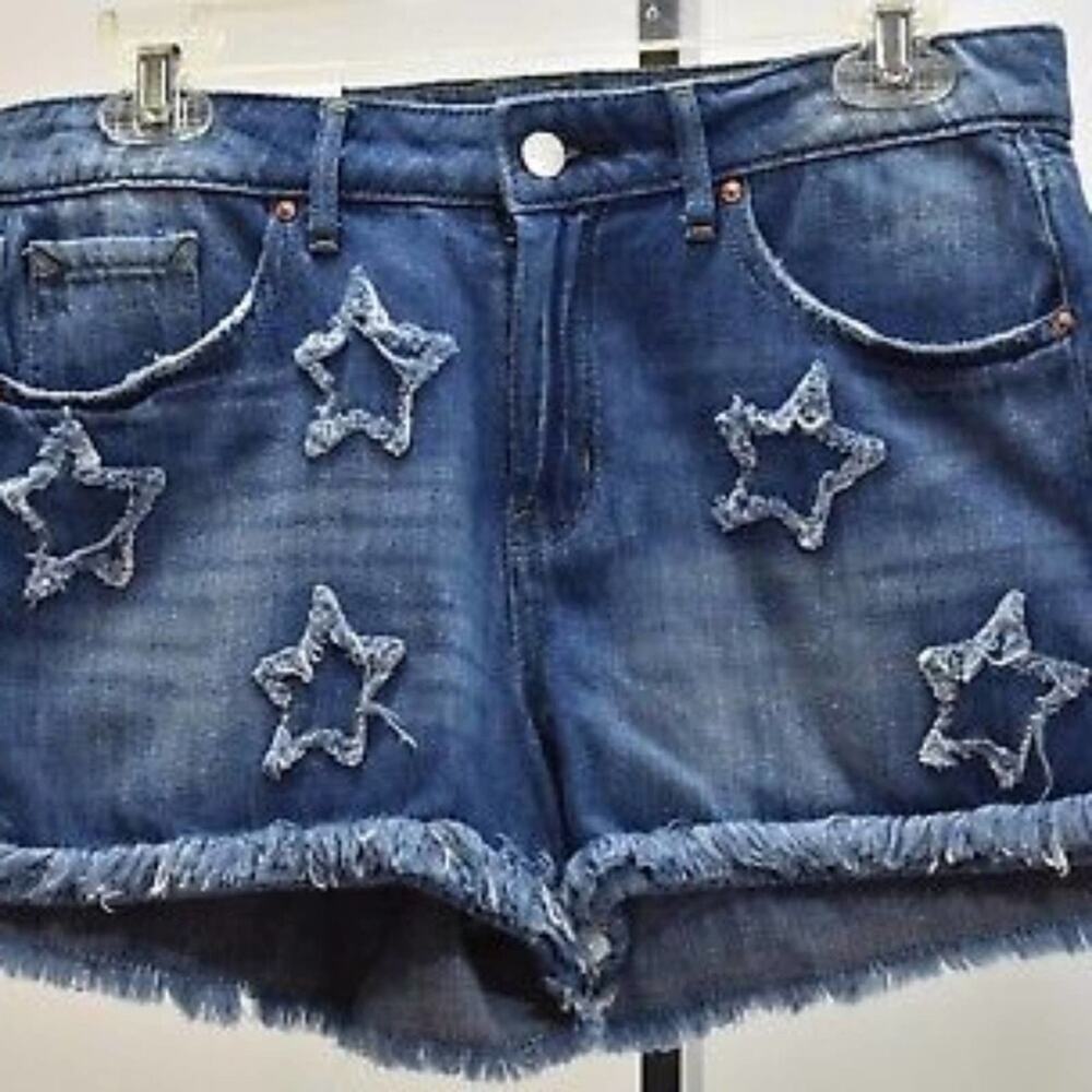 JESSICA SIMPSON JOURNEY Denim Shorts Star Applique Frayed Hem Blue Jean Festival - Picture 9 of 11